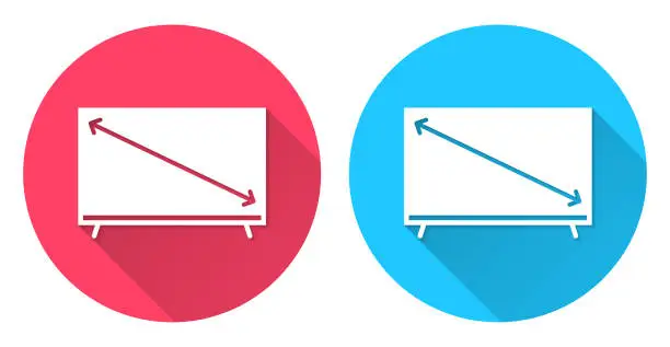 Vector illustration of TV screen size. Round icon with long shadow on red or blue background
