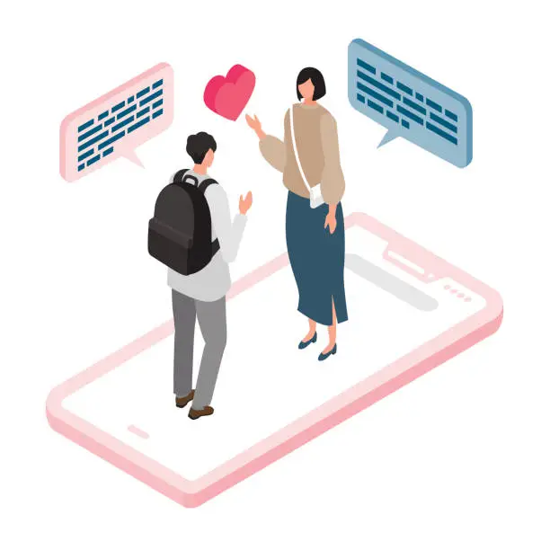 Vector illustration of Isometric_Man and woman met through matching app