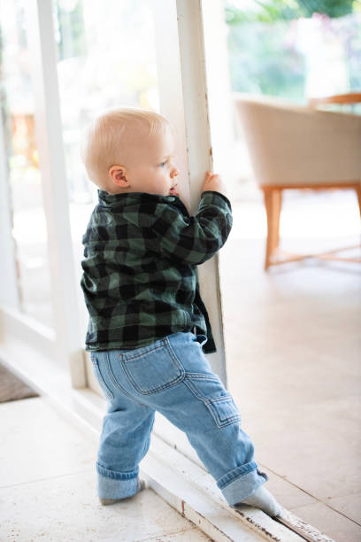 First Steps Young Toddler learning to Walk Young toddler learning to walk and move around the house, interacting with toys. walking into glass door stock pictures, royalty-free photos & images