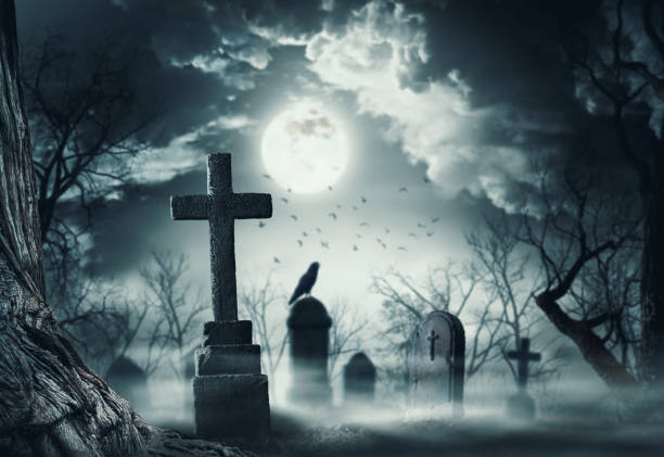 istock Creepy horror cemetery at night 1665019430