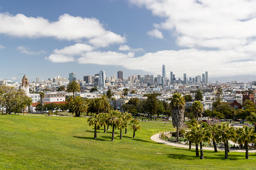 Scenic green park with San Francisco skyline on horizon