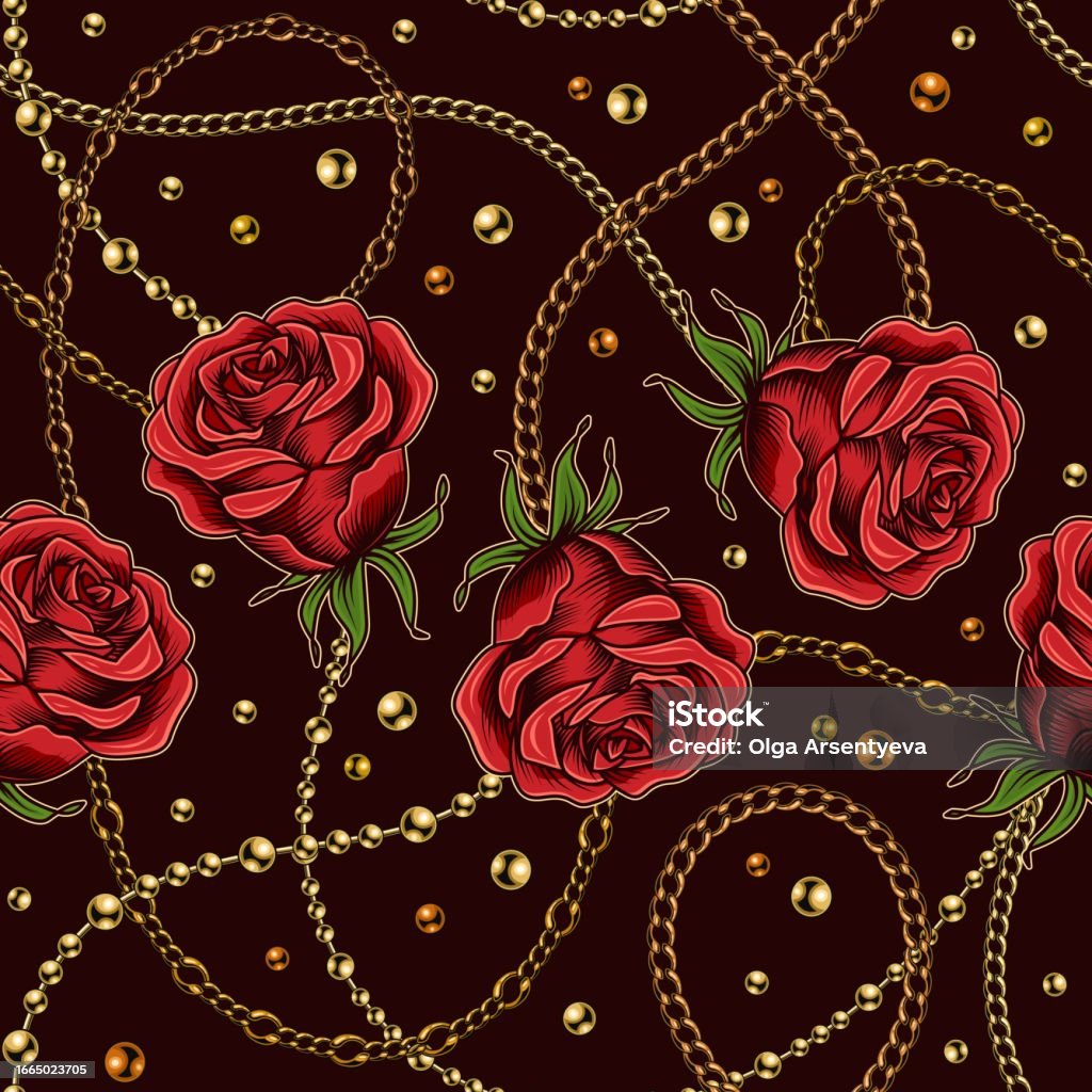 Chains And Roses Seamless Pattern With Red Roses Metal Chains Stock Illustration ...