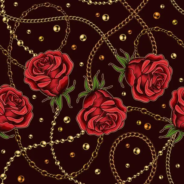 Vector illustration of Seamless pattern with red roses, metal chains