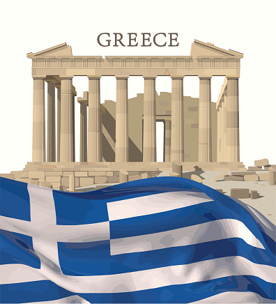 Greece travel guide, flag of Greece and Acropolis on sky background.