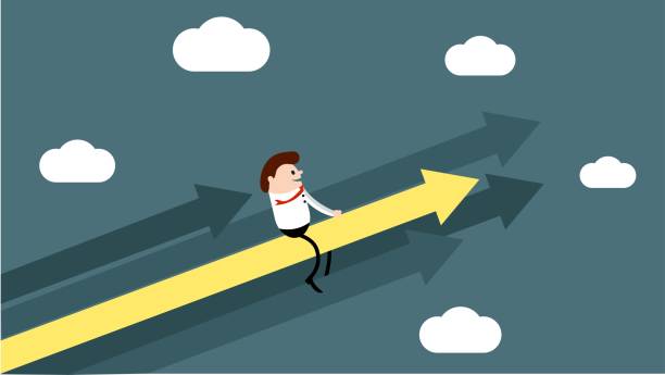 istock Happy Businessman Flying into the Sky on Success Graph Arrows 1665034949
