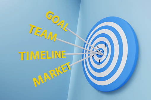 concept of strategy goal target business plan market on dart blue background. strategy goal target business plan market on dart blue. strategy goal target business plan 3d render