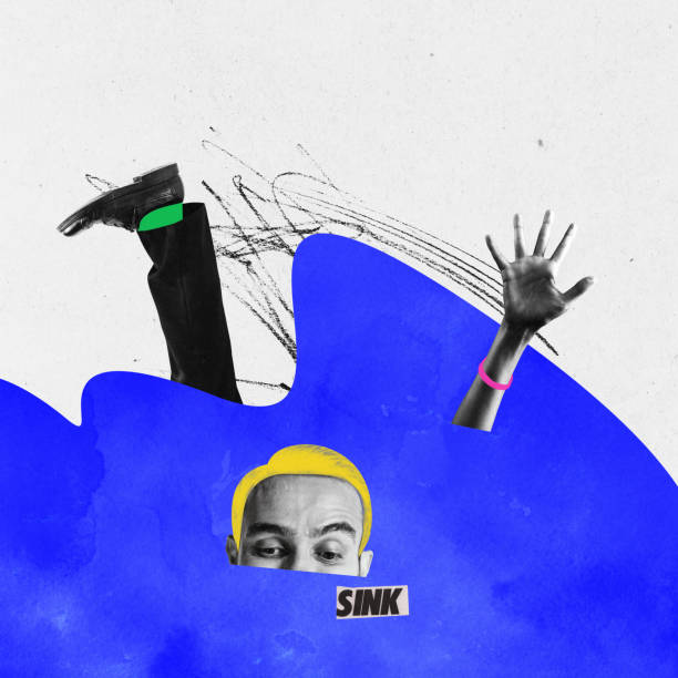 istock Contemporary art collage with man, person drowning in problems over white background. Office worker can't get out of the trap 1665048305