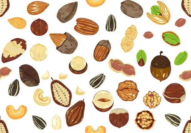 Vector illustration of Seamless vector pattern with Nuts and seeds in a flat design in cartoon style cute design Modern bright colors for paper covers. interior fabrics, backgrounds, and other users.