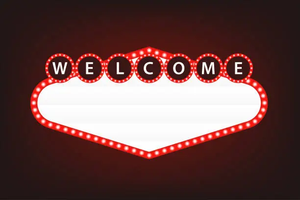 Vector illustration of Classic retro welcome sign. Retro red lightbox with bulbs border. Simple modern flat style. Vector illustration