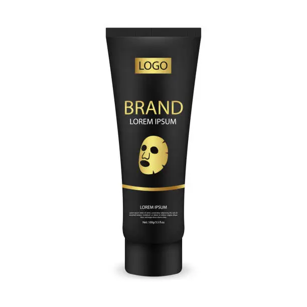 Vector illustration of Cosmetic package vector advertising design template of facial charcoal anti blackhead mask. Premium skincare product of luxury black tube on golden design. Vector illustration