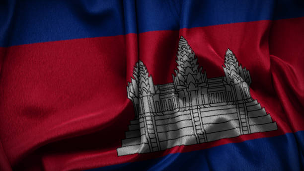 3d illustration flag of Cambodia. Close up waving flag of Cambodia.
