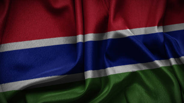 A official flag of the Gambia on toothpick on black background. A horizontal tricolor of red blue and green. They are separated by a narrow band of white.