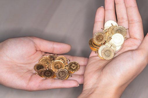 gold, coin, woman hand, Turkish