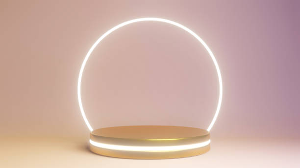 istock 3D rendering of golden podium with light background. Beautiful golden stage with ring light backdrop. Golden display with pink background. 1665093021