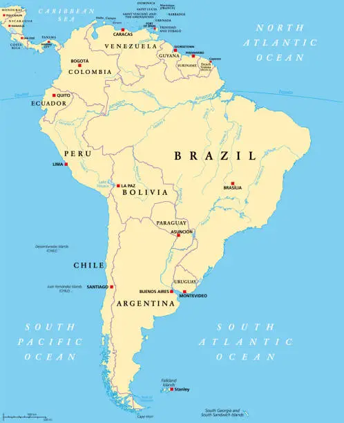 Vector illustration of South America, political map with borders, capitals and  rivers