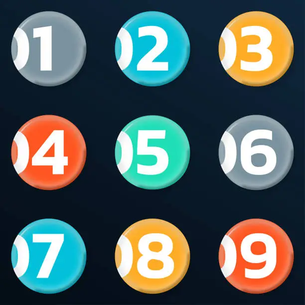 Vector illustration of Circle numbers. Round number icon set. 1, 2, 3, 4, 5, 6, 7, 8, 9 buttons. Modern graphic design. Vector illustration.