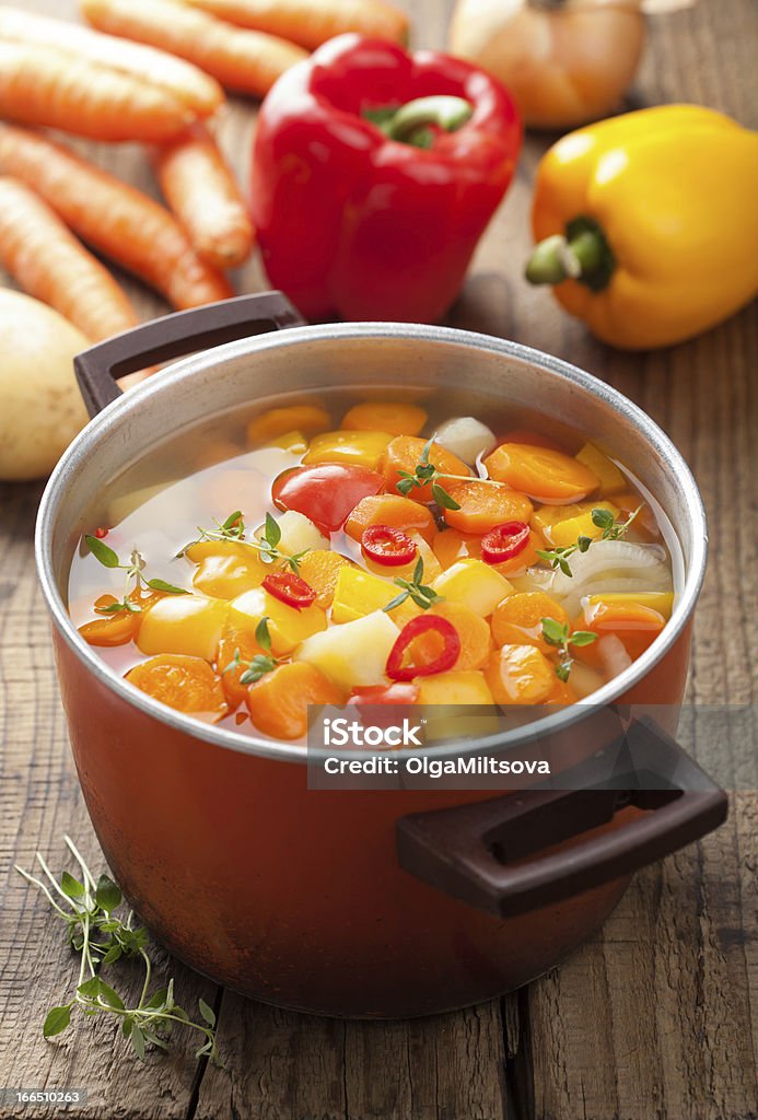 vegetable soup in pot Carrot Stock Photo