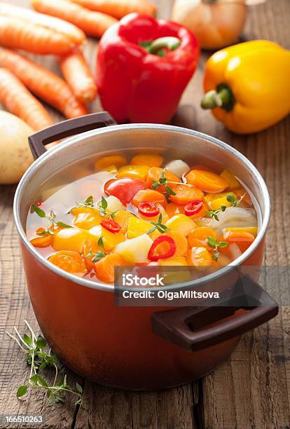 Vegetable Soup In Pot Stock Photo - Download Image Now - Carrot, Casserole, Chili Pepper