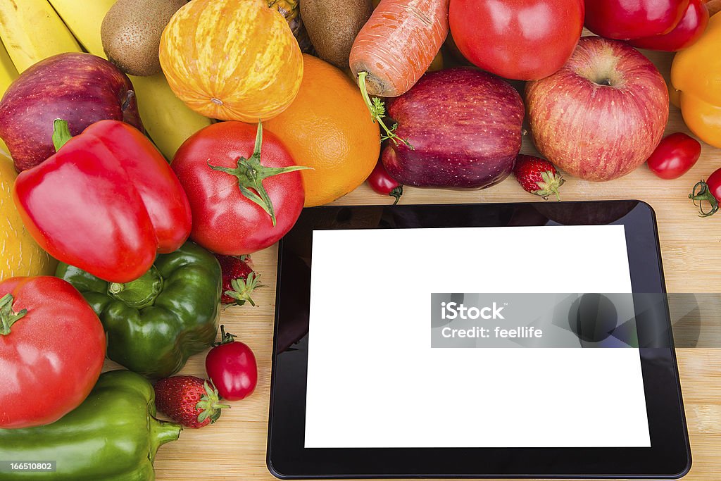 fruits Vegetables variety and digital tablet Blank Stock Photo