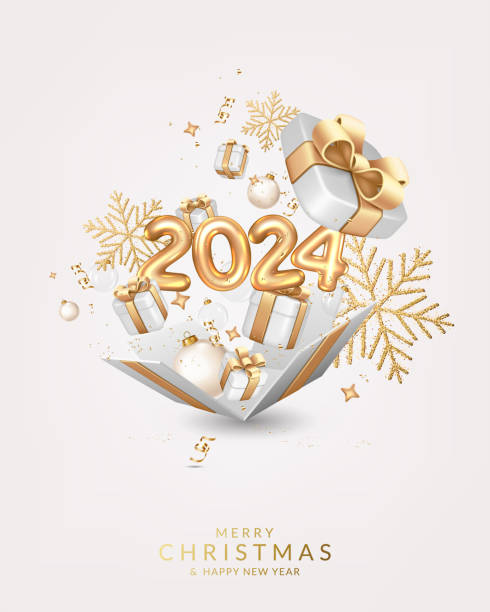 ilustrações de stock, clip art, desenhos animados e ícones de christmas and new year 2024 greeting card with open gift box with numbers, balls, gift boxes, confetti, ribbons and snowflakes - ano novo 2024