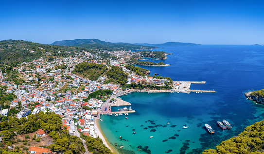 Aerial view of the town of Patitiri, main harbour of Alonissos island, Sporades, Greece