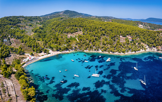 Aerial view of the beautiful beach of Milia, Alonissos island, Sporades, Greece, with turquoise sea and thick pine tree forest