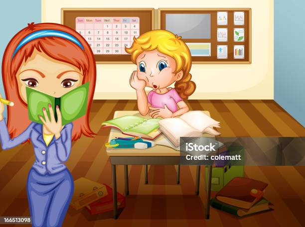 Girl And Teacher In Classroom Stock Illustration - Download Image Now - Adult, Book, Box - Container