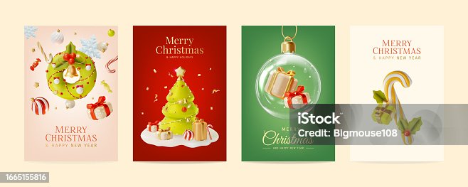 istock 3d Merry Christmas and Happy New Year Placard Poster Banner Card Template Set Cartoon Style. Vector 1665155816