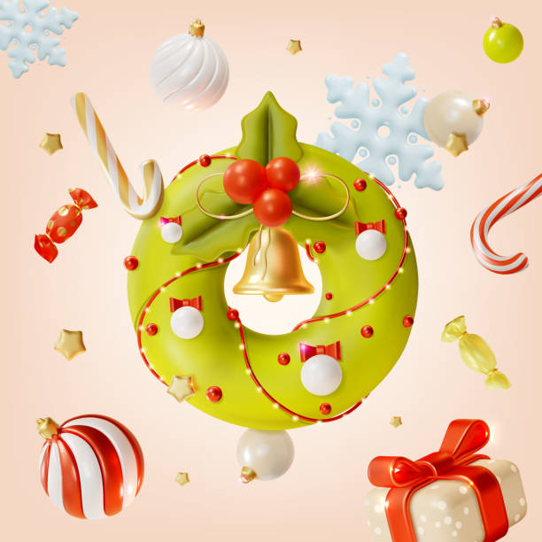 ilustraciones, imágenes clip art, dibujos animados e iconos de stock de 3d feliz navidad y feliz año nuevo concepto de fondo corona de navidad y rama de muérdago estilo de dibujos animados. vector - falling candy christmas candy cane