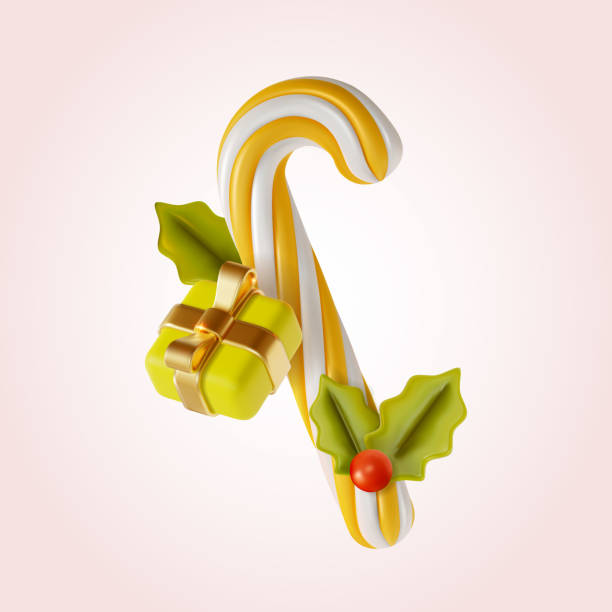 illustrazioni stock, clip art, cartoni animati e icone di tendenza di 3d buon natale e felice anno nuovo concetto di vischio ramo, scatola regalo e bastoncino da zucchero in stile cartone animato. vettore - falling candy christmas candy cane