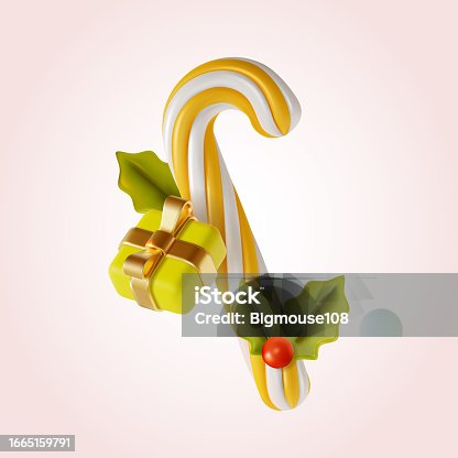 istock 3d Merry Christmas and Happy New Year Concept Branch Mistletoe, Gift Box and Candy Cane Set Cartoon Style. Vector 1665159791