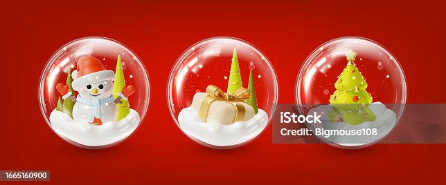 istock 3d Merry Christmas and Happy New Year Concept Glass Ball Set Cartoon Style. Vector 1665160900