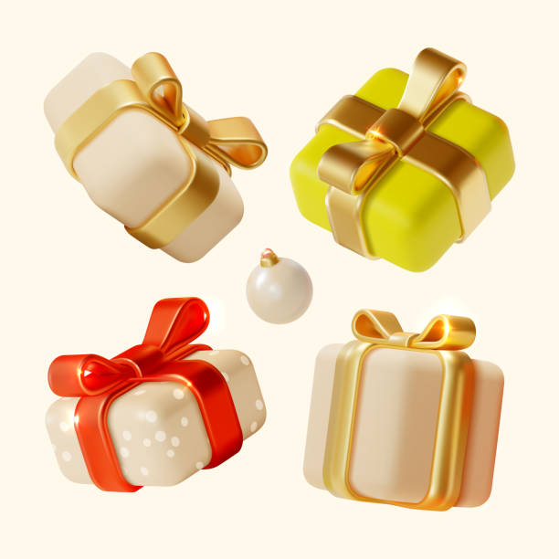 3d Merry Christmas and Happy New Year Concept Background with Different Types Xmas Gift Box Cartoon Style. Vector 3d Merry Christmas and Happy New Year Concept Background with Different Types Xmas Gift Box Cartoon Style. Vector illustration 3d render stock illustrations
