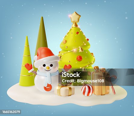 istock 3d Merry Christmas and Happy New Year Concept Xmas Tree with Snowman and Gift Boxes Around Cartoon Style. Vector 1665162079