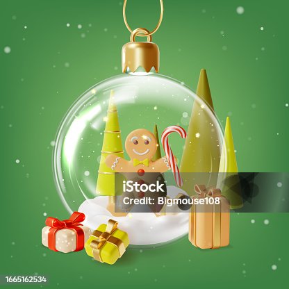 istock 3d Merry Christmas and Happy New Year Concept Glass Ball inside Gingerbread Man Gift Boxes Around Cartoon Style. Vector 1665162534