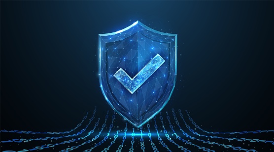 Secure technology. Polygonal wireframe shield with check mark sign on dark blue. Secure service, protect data, cyber shield, antivirus solution, internet safety, firewall system, privacy concept