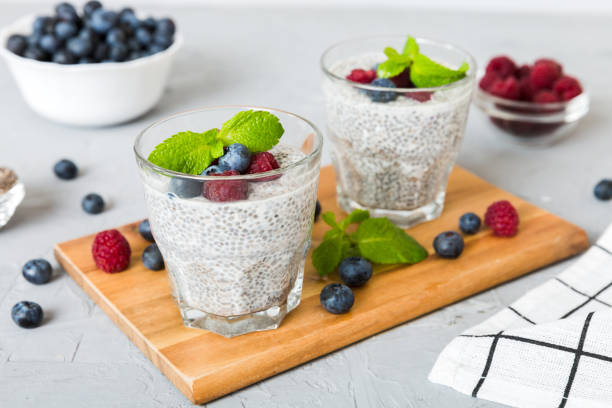 istock Healthy breakfast or morning with chia seeds vanilla pudding raspberry and blueberry berries on table background, vegetarian food, diet and health concept. Chia pudding with raspberry and blueberry 1665181207