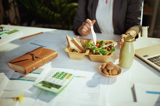 Sustainable workplace. Closeup on bookkeeper woman in green office with laptop eating salad.