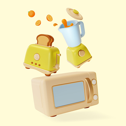 3d Kitchen Cooking Concept Cartoon Style Include of Smoothie in Blender, Microwave Oven and Toaster with Slices of Toasted Bread. Vector illustration