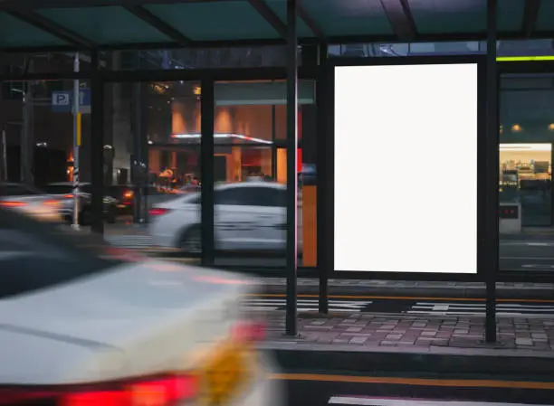 Photo of Mock up banner light box at bus stop Media Advertisement City street