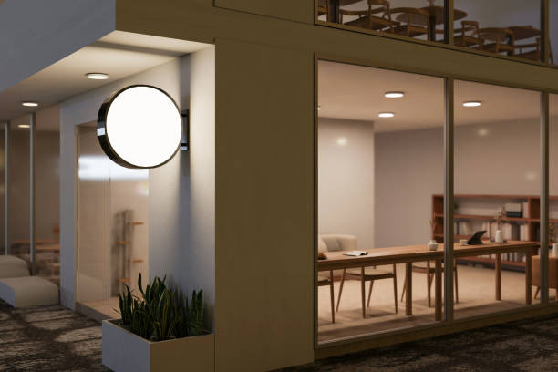 istock A modern, minimal coffee shop or co-working space building with an empty circle signage mockup. 1665216043