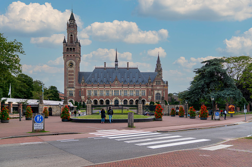 The Hague, Holland-July 26 2023: View of facade of Peace Palace building.