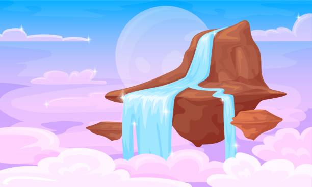 Sky waterfall. Flying rock island above clouds sunshine heaven, fantasy stone pieces with mountain water falls, cartoon 2d landscape game level background, neat vector illustration Sky waterfall. Flying rock island above clouds sunshine heaven, fantasy stone pieces with mountain water falls, cartoon landscape game level background, neat vector illustration of sky rock landscape fantasy island waterfall stock illustrations