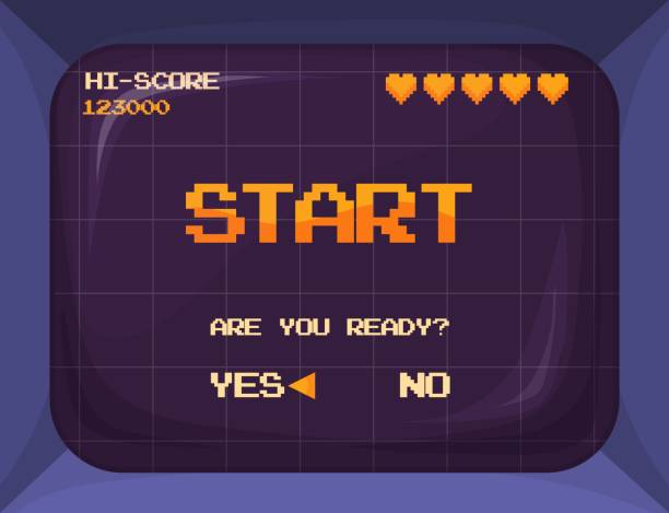 ilustraciones, imágenes clip art, dibujos animados e iconos de stock de pantalla de juego arcade. pantalla de máquina de juego retro, videojuegos de píxeles interfaz de juego de 8 bits computadora antigua o monitor de consola vintage para jugadores principiantes, ilustración vectorial ordenada - juegos