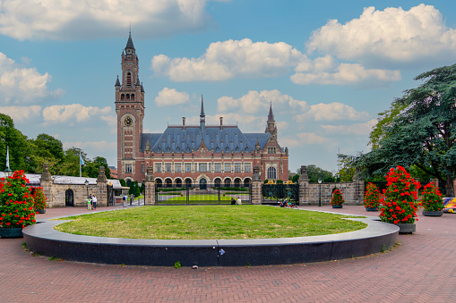 The Hague, Holland-July 26 2023: View of facade of Peace Palace building.