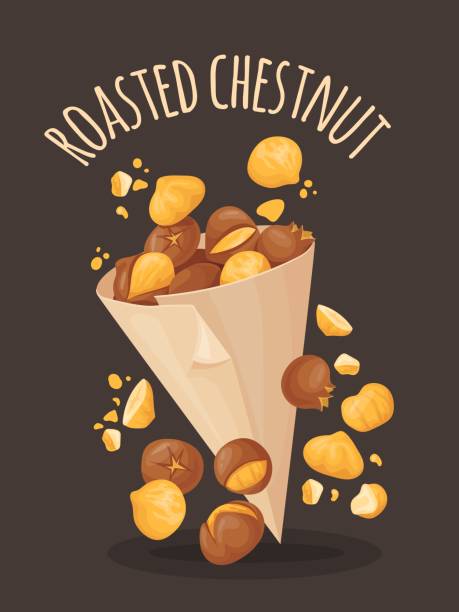ilustrações de stock, clip art, desenhos animados e ícones de roasted chestnuts. roast cartoon chestnut in paper bag, grilled nuts in nature shell street organic food on europe france or turkey bazaar, roasting snack neat vector illustration - castanhas