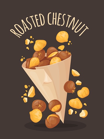 Roasted chestnuts. Roast cartoon chestnut in paper bag, grilled nuts in nature organic food on france or turkey bazaar, roasting snack vector illustration of nutrition delicious, ingredient kernel