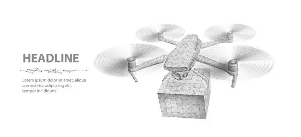 Vector illustration of Drone for air delivery. Polygonal 3d drone with box. Innovate deliver technology, aerial transport