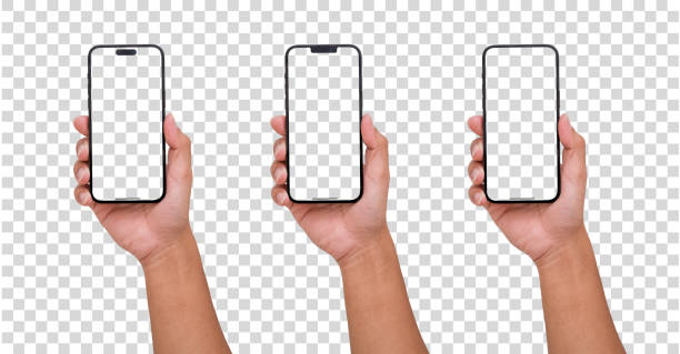 istock Hand holding the black smartphone iphone with blank screen and modern frameless design in two rotated perspective positions - isolated on white background - Clipping Path 1665253701