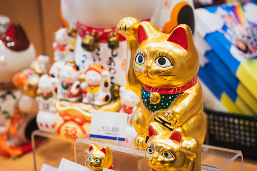 Maneki neko Lucky cat in Souvenir shop Craft product Japan traditional gift